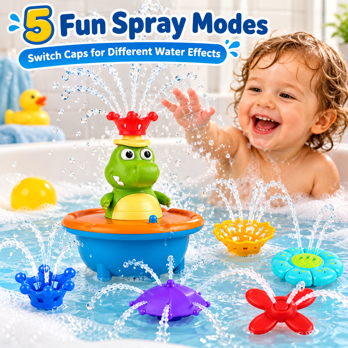 💦 Light-Up Bath Fountain Toy with 5 Interchangeable Spray Modes