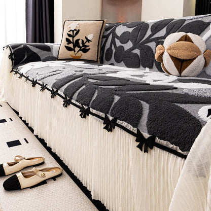 Luxury Botanical Plush Sofa Cover with Elegant Bow Skirt