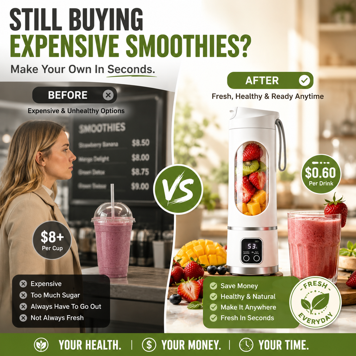 Smart Portable Blender – USB Rechargeable Personal Smoothie Maker with Digital Display