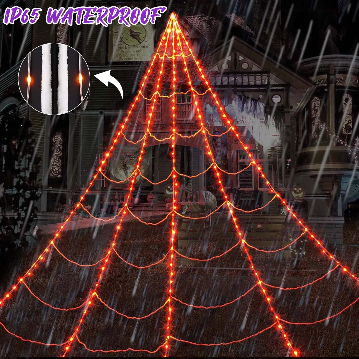 Purple LED Halloween spider web outdoor display