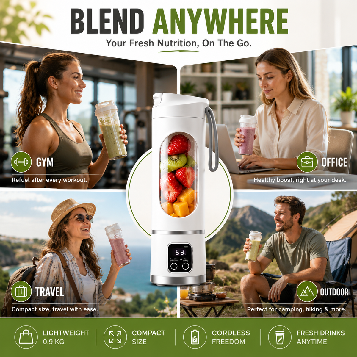 Smart Portable Blender – USB Rechargeable Personal Smoothie Maker with Digital Display