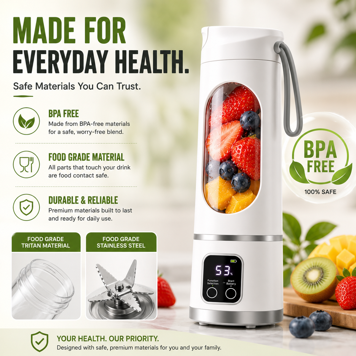 Smart Portable Blender – USB Rechargeable Personal Smoothie Maker with Digital Display