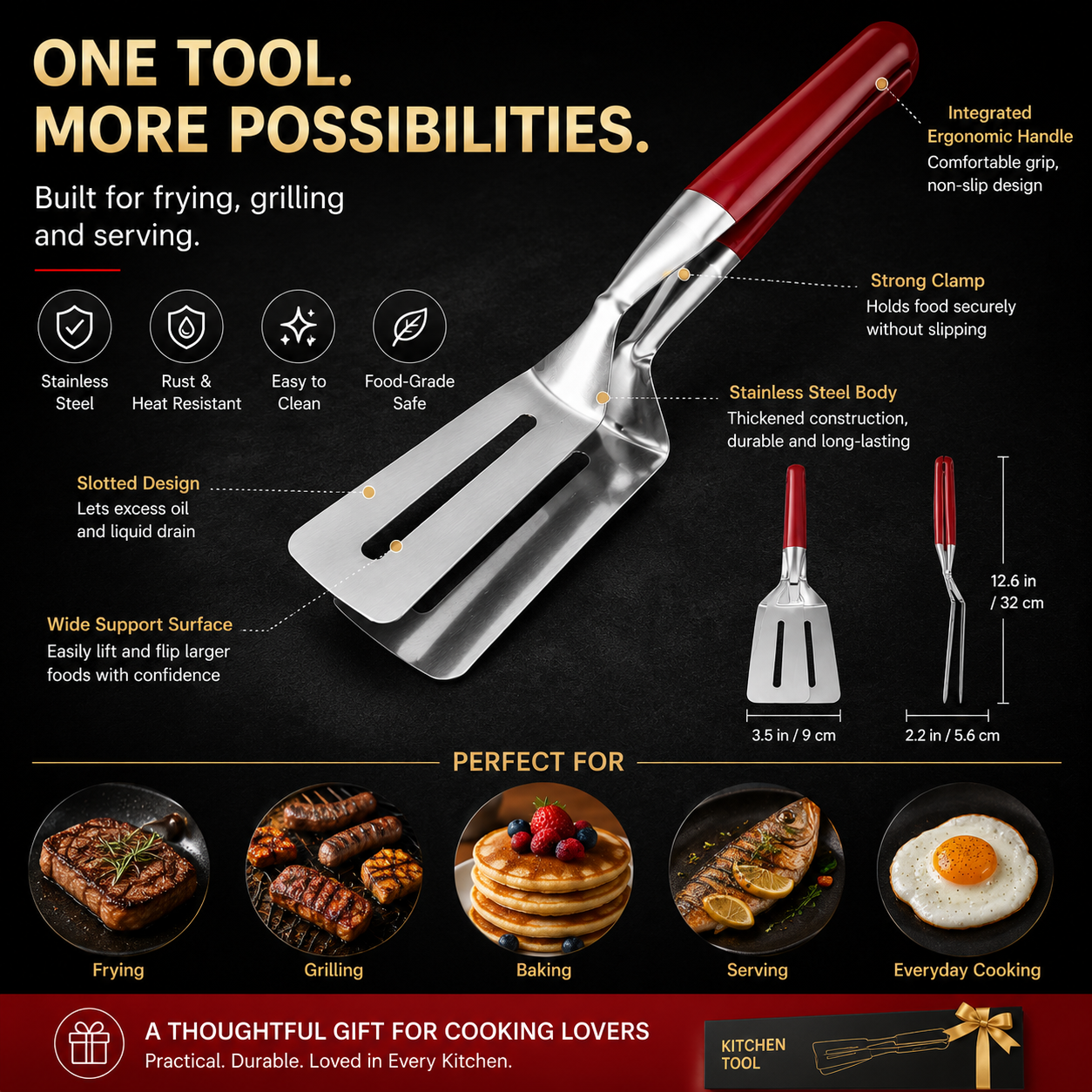 🍳 2-in-1 Stainless Steel Spatula Tongs – Grip, Flip & Serve