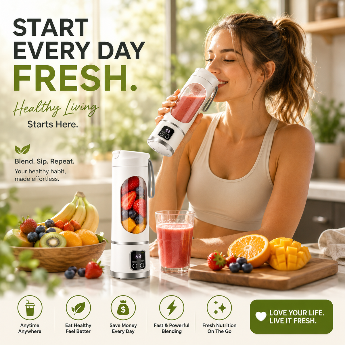 Smart Portable Blender – USB Rechargeable Personal Smoothie Maker with Digital Display