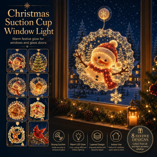 ✈️Last Day 50% OFF✨🎄Lighted Christmas Window Decoration with Suction Cup | Flat Version Warm LED Window Light with Double-Layer Design & Multiple Festive Styles✨