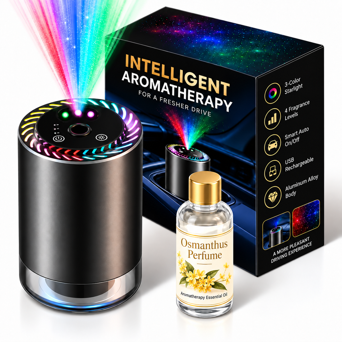 Smart Car Fragrance Diffuser – 3-Color Starlight & Auto On/Off