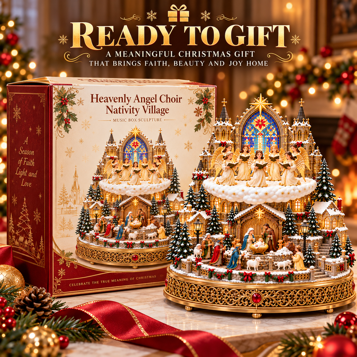 👼 Rotating Angel Choir Nativity Village | Lighted Christmas Centerpiece