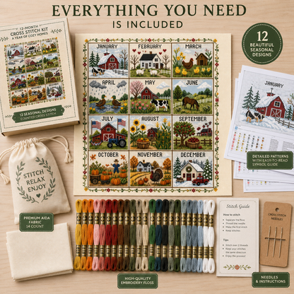 🔥 49% OFF Today | Stitch Through the Seasons – 12-Month Cross Stitch Collection 🌿🧵