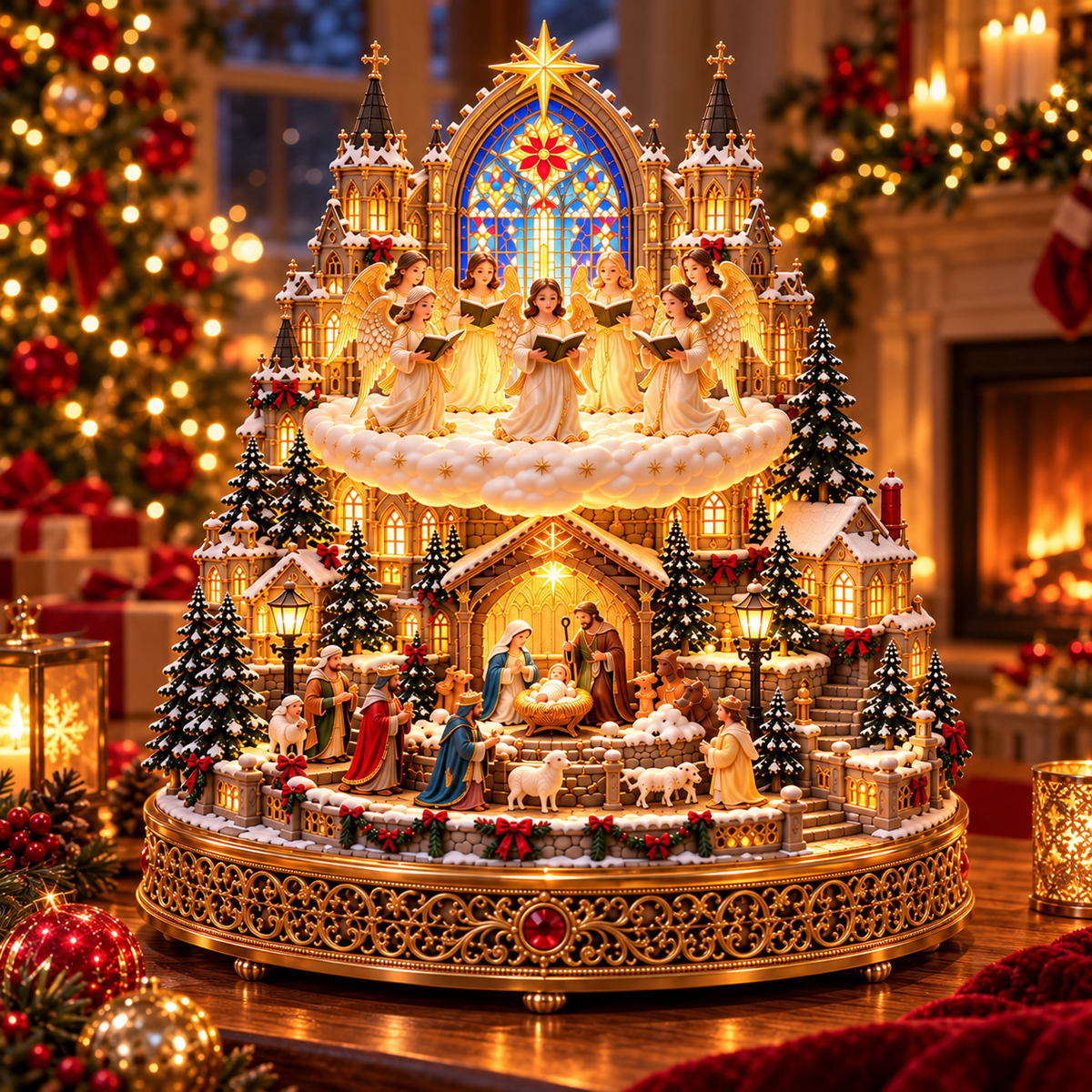 👼 Rotating Angel Choir Nativity Village | Lighted Christmas Centerpiece