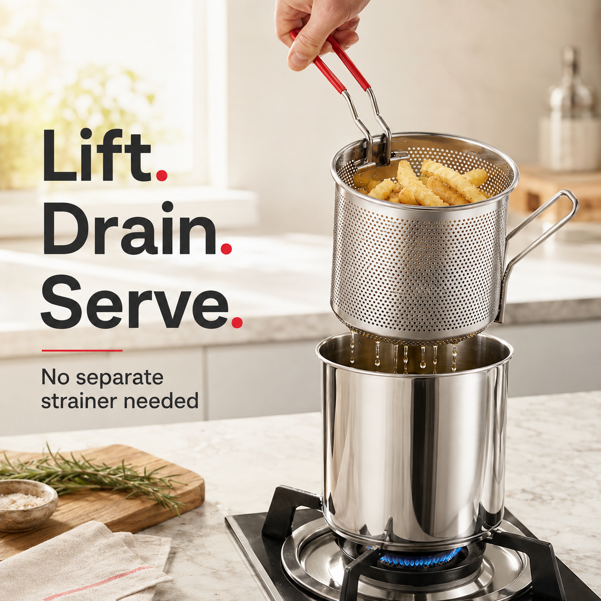 Mini Stainless Steel Deep Fryer Pot Set with Removable Draining Basket & Food Tongs