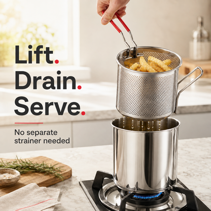 Mini Stainless Steel Deep Fryer Pot Set with Removable Draining Basket & Food Tongs