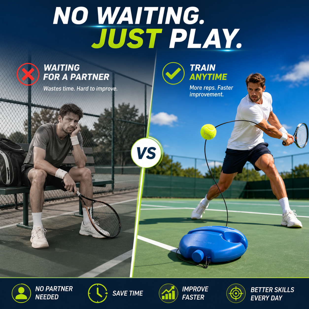 🎾 Last Day 60% OFF⏰Solo Tennis Trainer Rebound Set – Practice Anytime, No Partner Needed，3 Balls