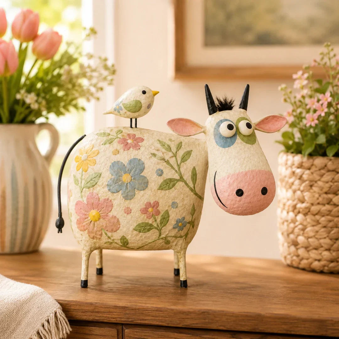 Whimsical Cow & Bird Folk Art Figurine – Rustic Farmhouse Tabletop Decor Gift