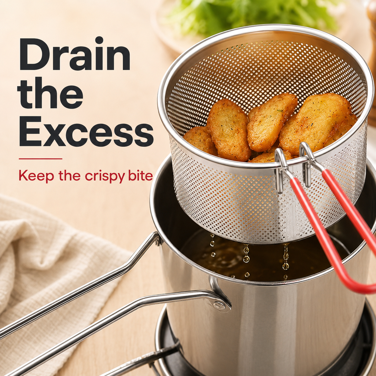 Mini Stainless Steel Deep Fryer Pot Set with Removable Draining Basket & Food Tongs