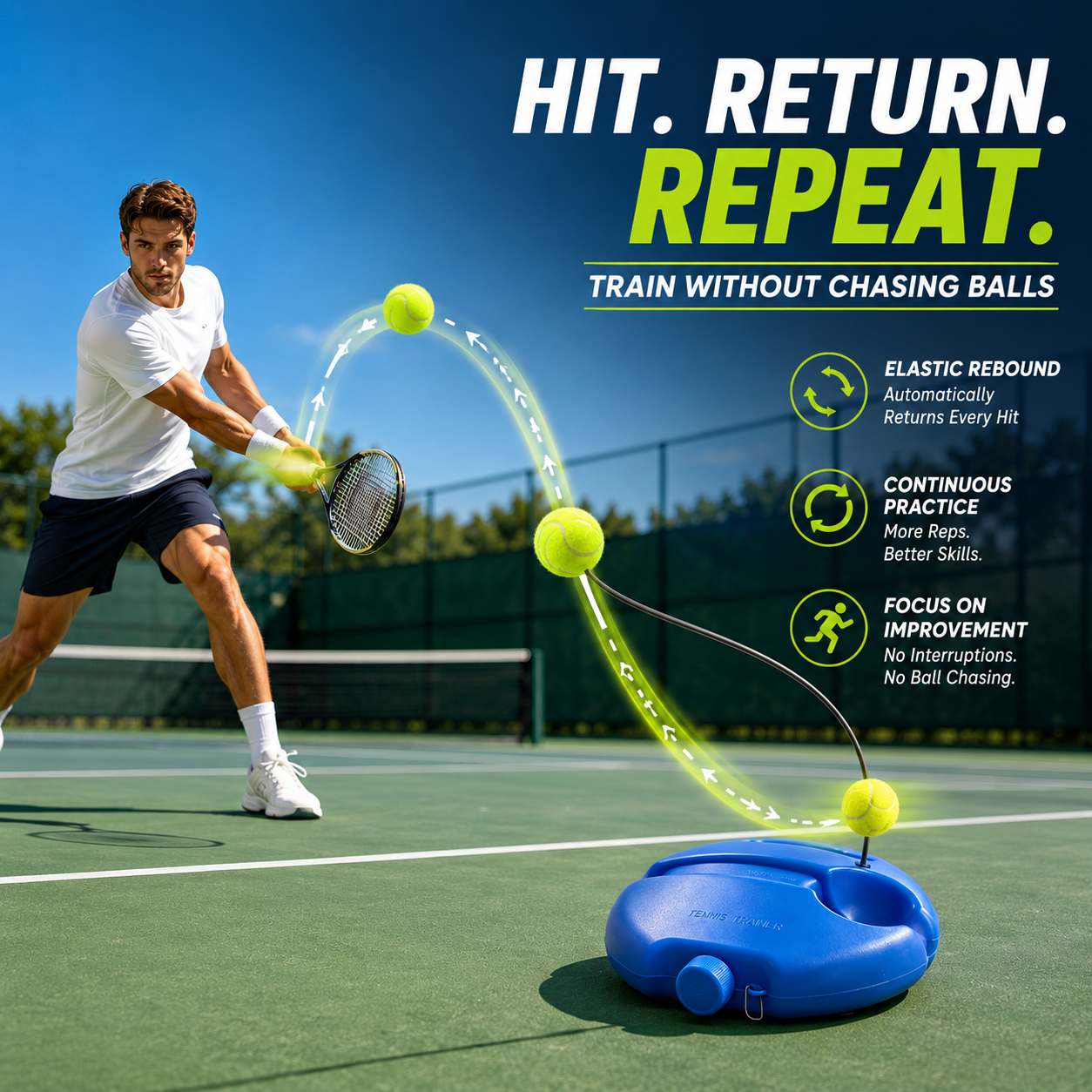 🎾 Last Day 60% OFF⏰Solo Tennis Trainer Rebound Set – Practice Anytime, No Partner Needed，3 Balls