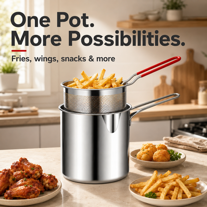 Mini Stainless Steel Deep Fryer Pot Set with Removable Draining Basket & Food Tongs