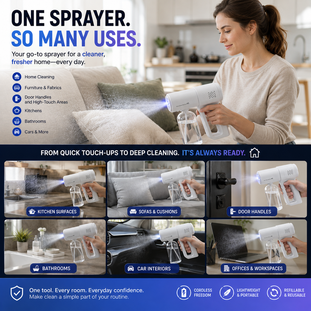 💨 Cordless Fine Mist Sprayer with 2 Spray Modes & Blue Light