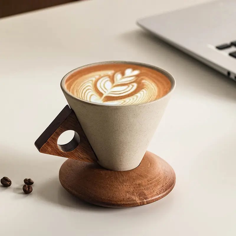 ☕Wabi-Sabi Conical Ceramic Coffee Mug with Acacia Wood Base
