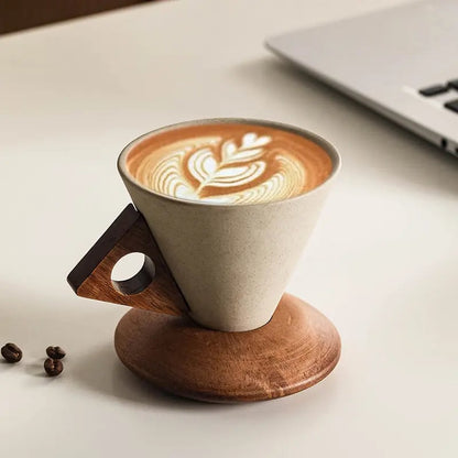 ☕Wabi-Sabi Conical Ceramic Coffee Mug with Acacia Wood Base