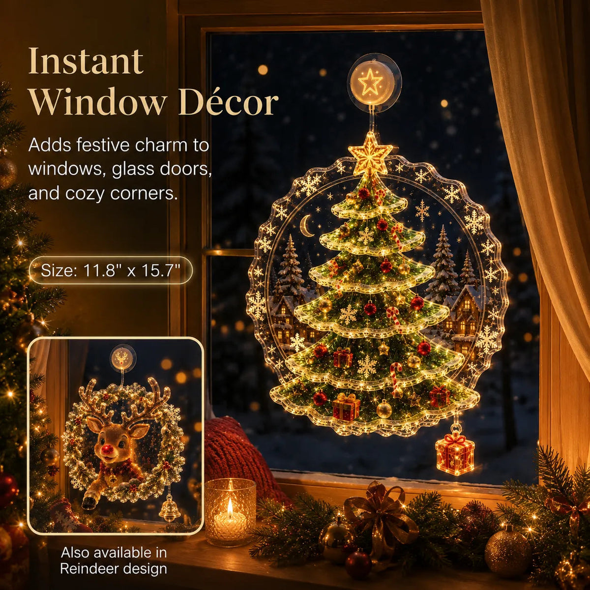 ✈️Last Day 50% OFF✨🎄Lighted Christmas Window Decoration with Suction Cup | Warm LED Window Light with Double-Layer Design & Multiple Festive Styles ✨