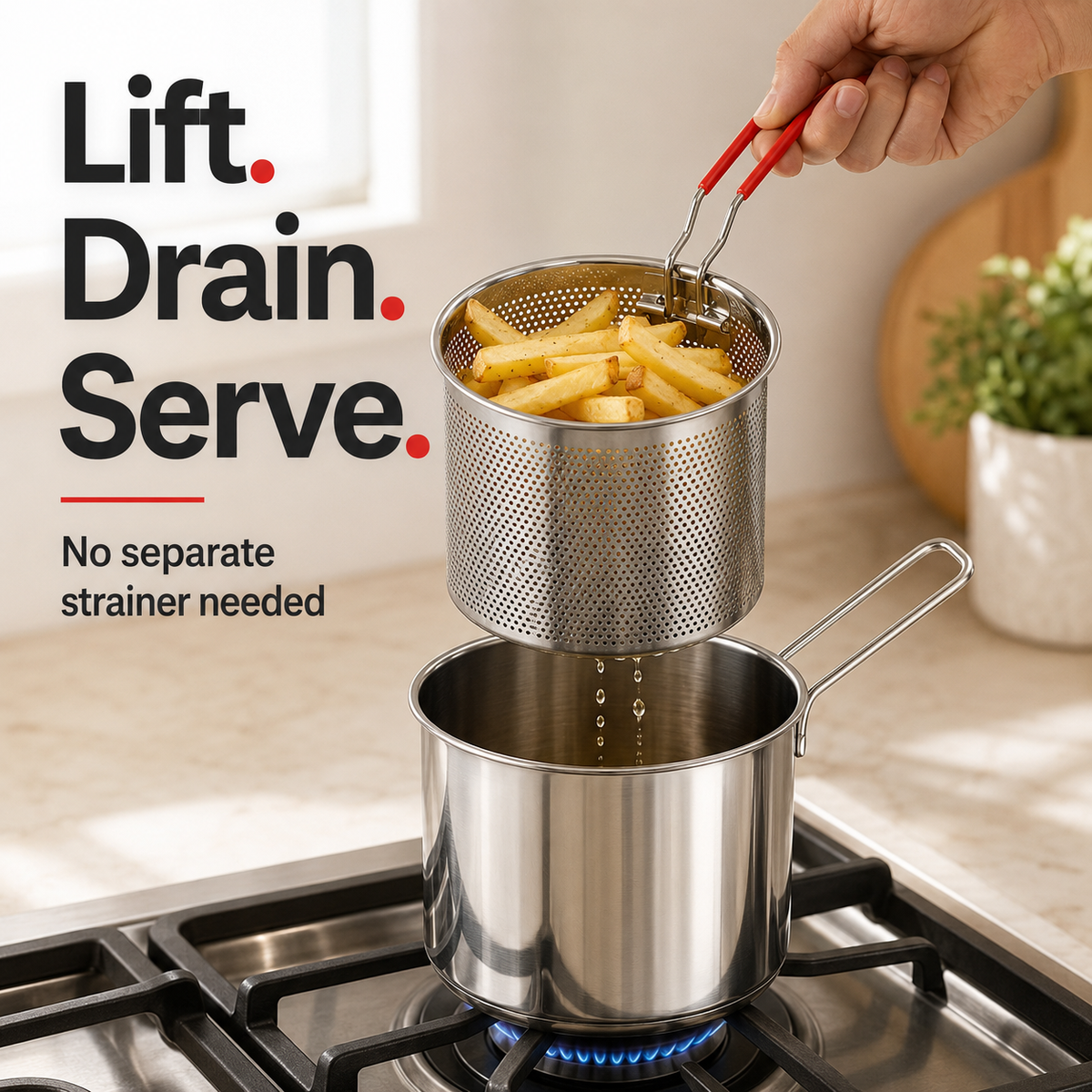 Mini Stainless Steel Deep Fryer Pot Set with Removable Draining Basket & Food Tongs