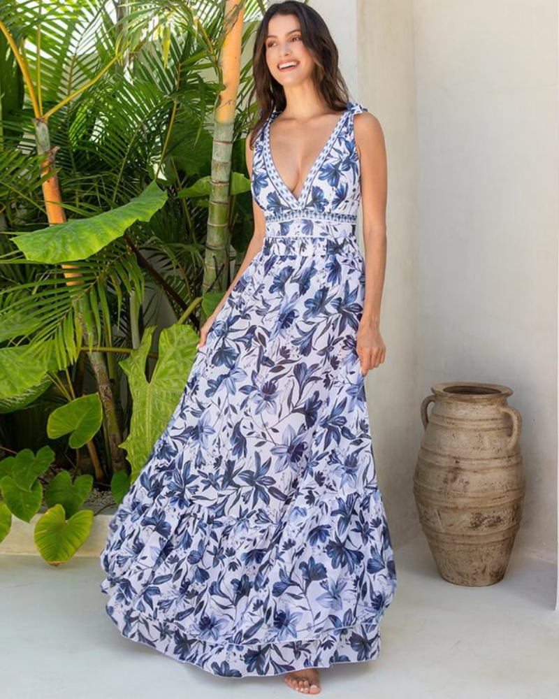 Blue Print Swimsuit Set with Cover Skirt V Neck Swimsuit Dress2