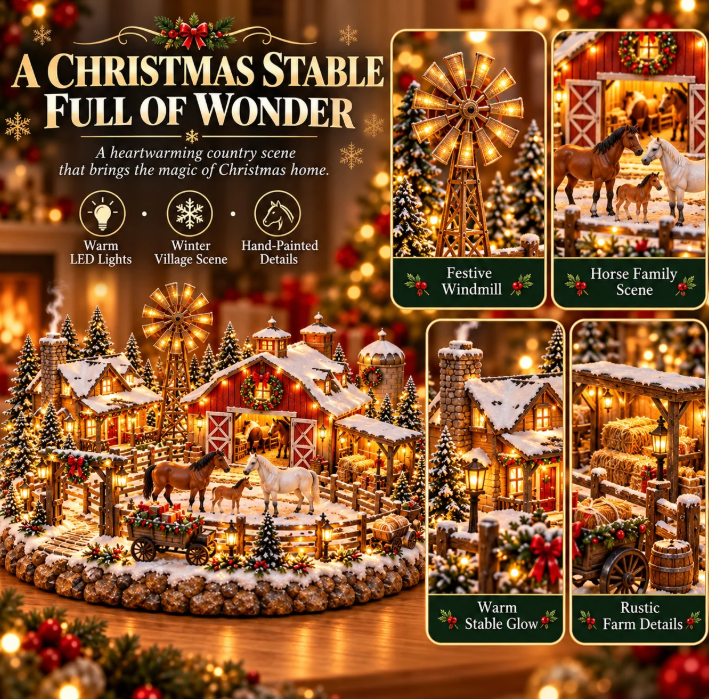 🐴🎄Lighted Christmas Farm Village – Horse Stable & Highland Cow Holiday Scene