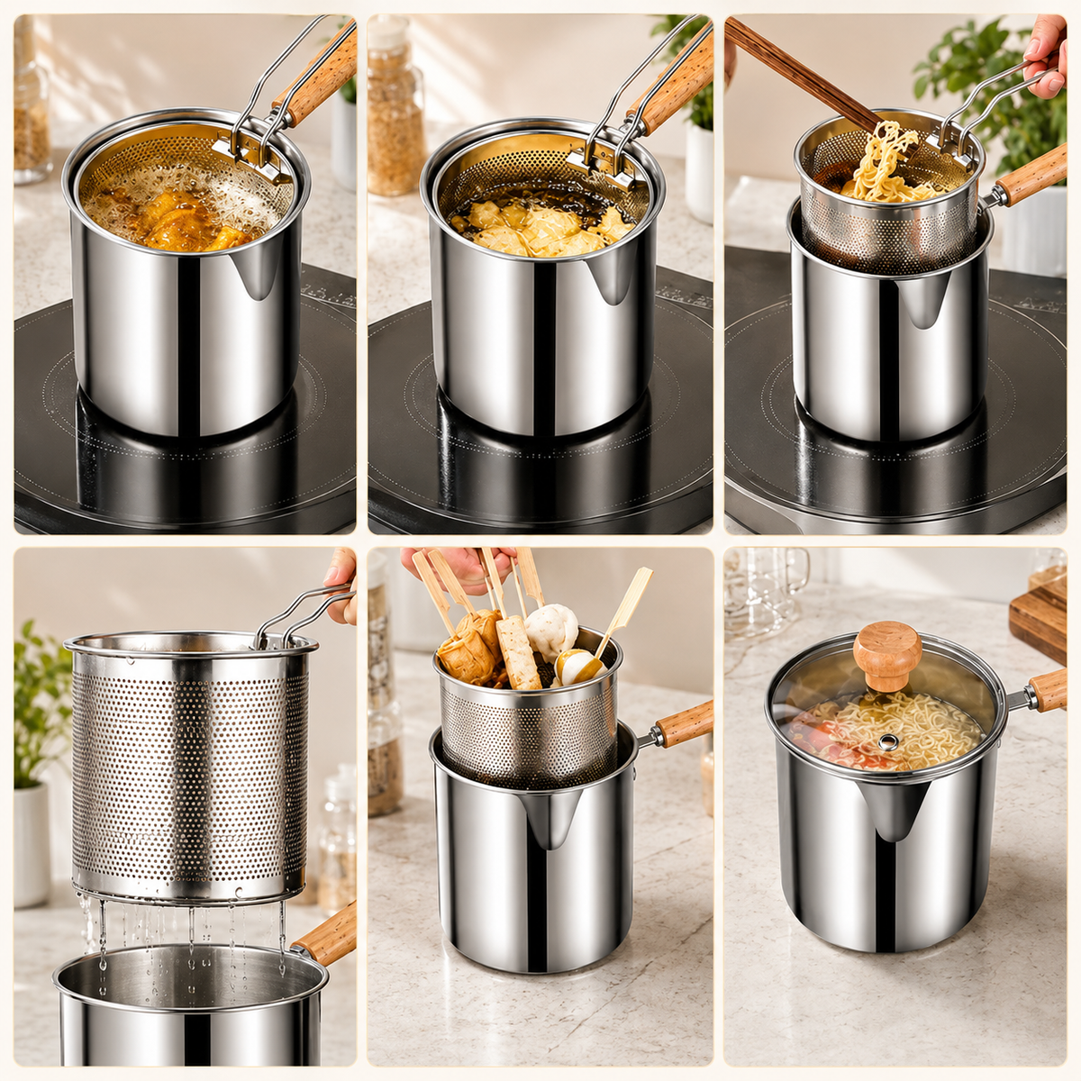 Mini Stainless Steel Deep Fryer Pot Set with Removable Draining Basket & Food Tongs