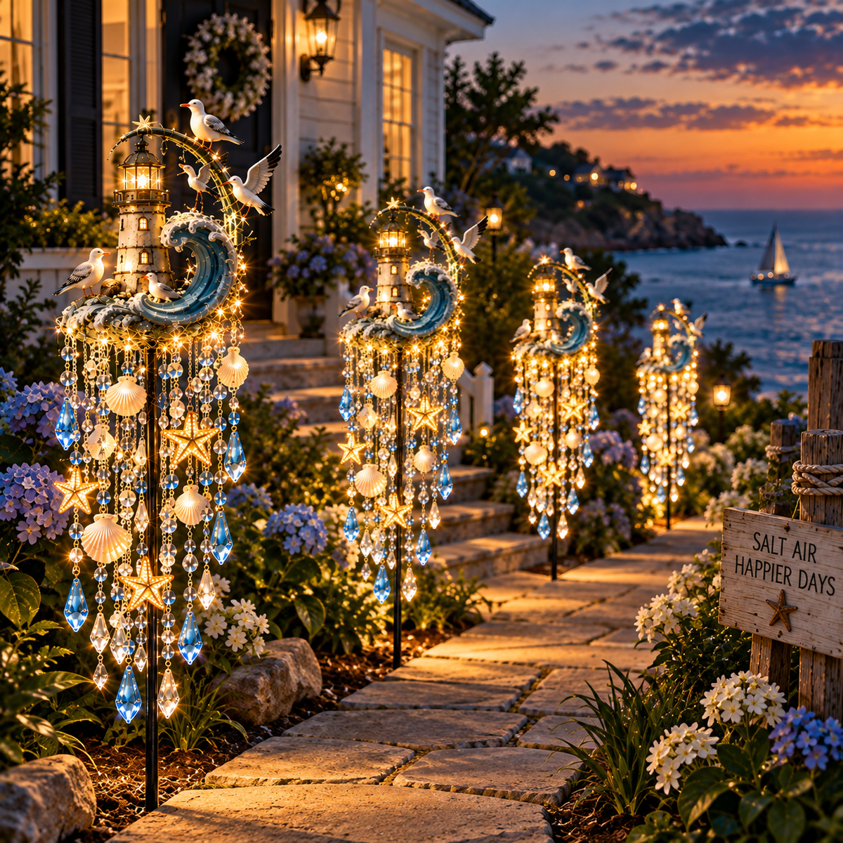 🌊 Lighthouse Tide Glow – Solar Lighthouse Garden Stake Light with Crystal Tassels