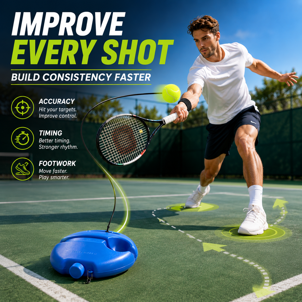 🎾 Last Day 60% OFF⏰Solo Tennis Trainer Rebound Set – Practice Anytime, No Partner Needed，3 Balls