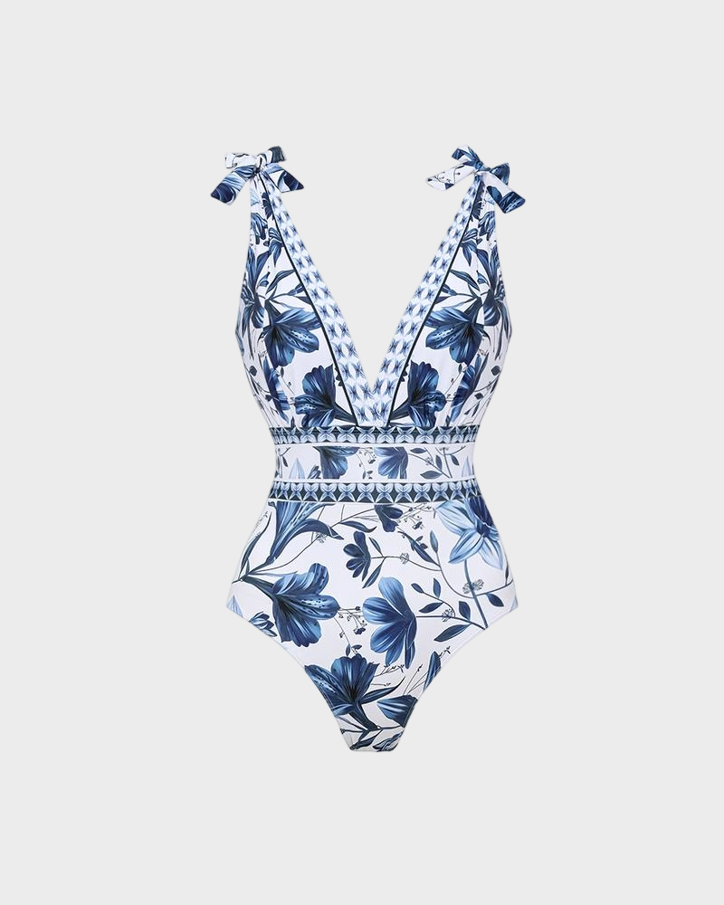 Blue Print Swimsuit Set with Cover Skirt V Neck Swimsuit Dress2