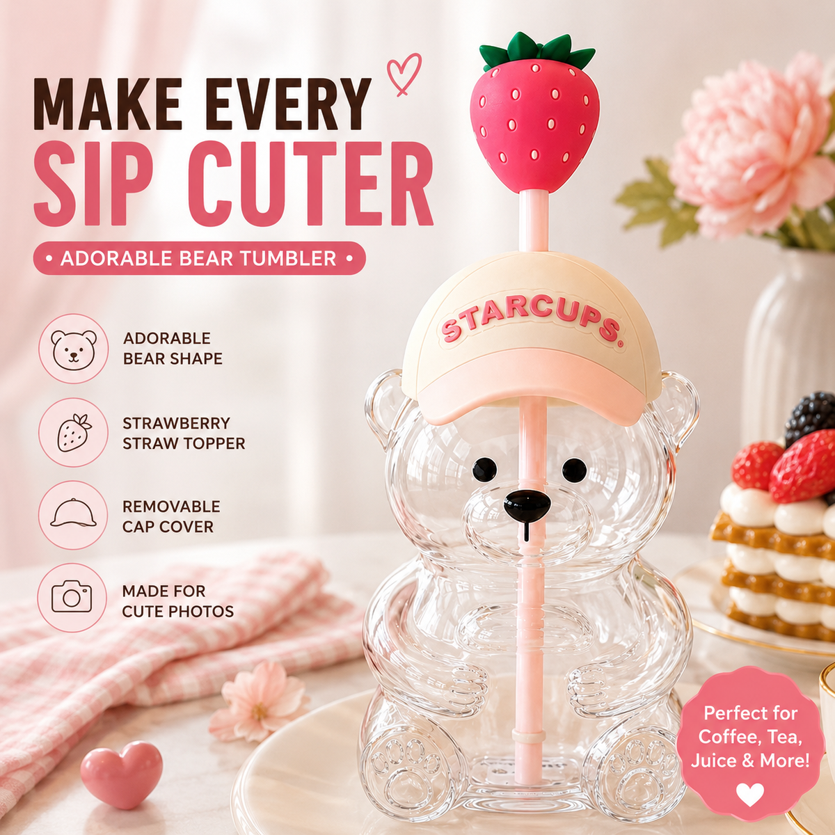 2026 Cute Bear 20oz Glass Tumbler, Bear Lid + Strawberry Straw, Reusable Cup for Iced Coffee, Boba, Cold Drinks, Dishwasher Safe