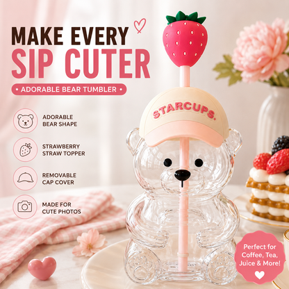 2026 Cute Bear 20oz Glass Tumbler, Bear Lid + Strawberry Straw, Reusable Cup for Iced Coffee, Boba, Cold Drinks, Dishwasher Safe