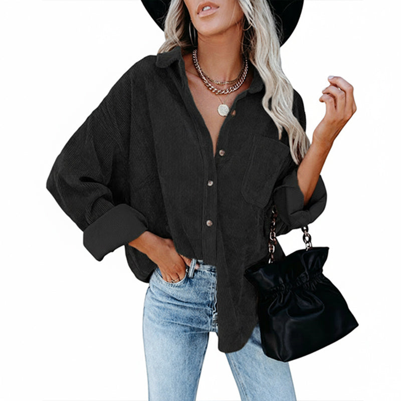 Women's Plain Pocket Button Front Corduroy Shirt