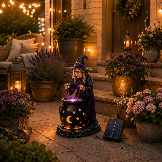 🧙‍♀️Bruja de Halloween con Caldero Brillante de Luz Solar🎃