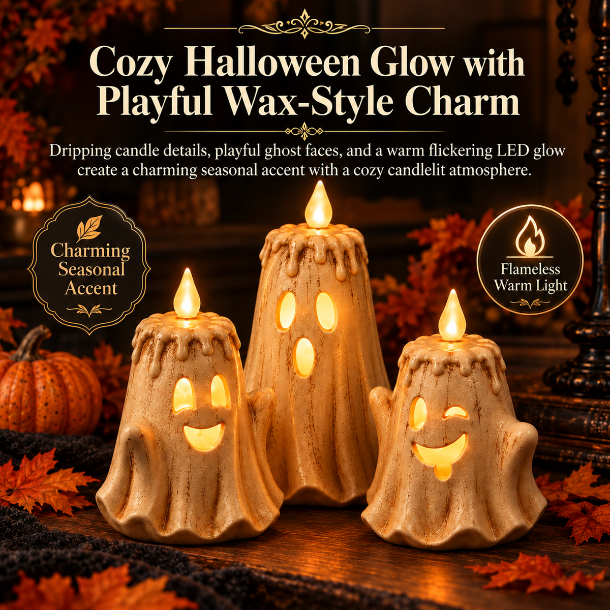 3-Piece Glowing Ghost Candle Set – Cozy Halloween Decor
