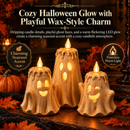 3-Piece Glowing Ghost Candle Set – Cozy Halloween Decor