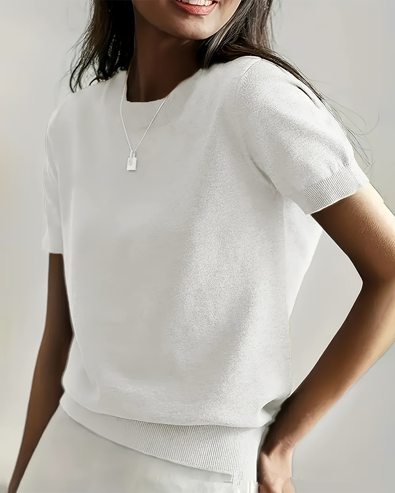Women's Solid Color Crew Neck Short Sleeve Sweater