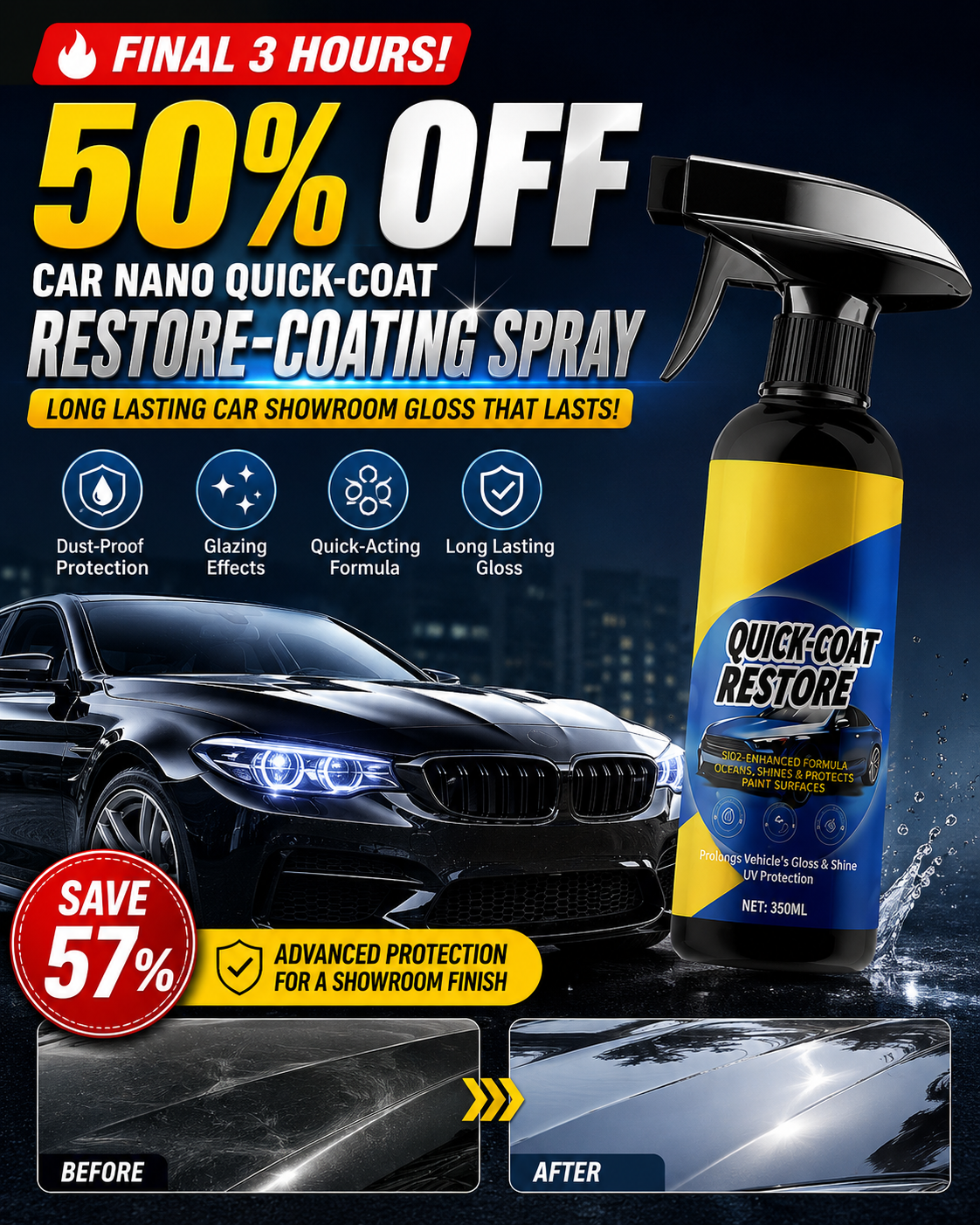 🔥Final 3 Hours: 50% OFF Car Nano quick-coat restore-Coating Spray-Advanced Automobile Quick-acting Coating Agent With Dust -Proof and Glazing Effects -Long Lasting Car Showroom gloss that LASTS 350ml