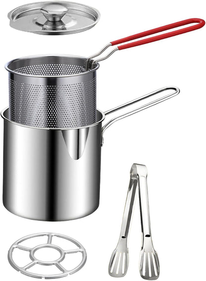 Mini Stainless Steel Deep Fryer Pot Set with Removable Draining Basket & Food Tongs