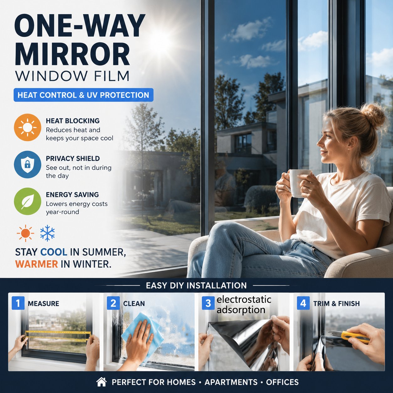 ⏰ Last Day Exclusive 60% OFF ☀️ One-Way Mirror Window Film – Heat Control & UV Protection