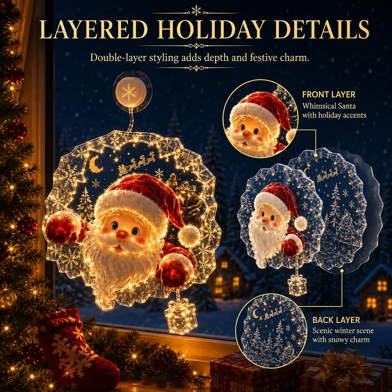 ✈️Last Day 50% OFF✨🎄Lighted Christmas Window Decoration with Suction Cup | Warm LED Window Light with Double-Layer Design & Multiple Festive Styles ✨