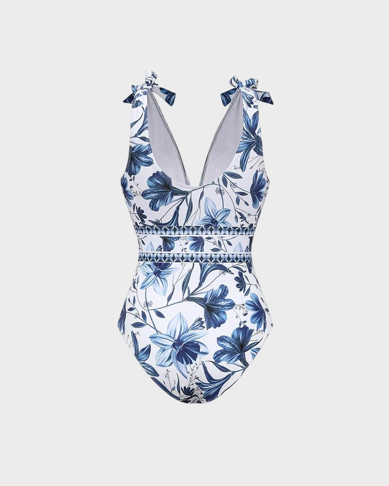 Blue Print Swimsuit Set with Cover Skirt V Neck Swimsuit Dress2