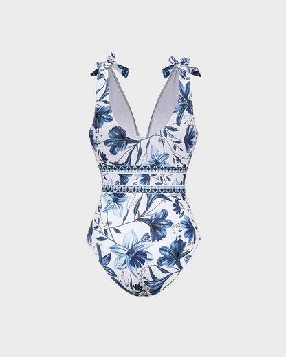 Blue Print Swimsuit Set with Cover Skirt V Neck Swimsuit Dress2