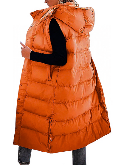 Women's Long Puffer Vest | Quilted Hood & Button Closure
