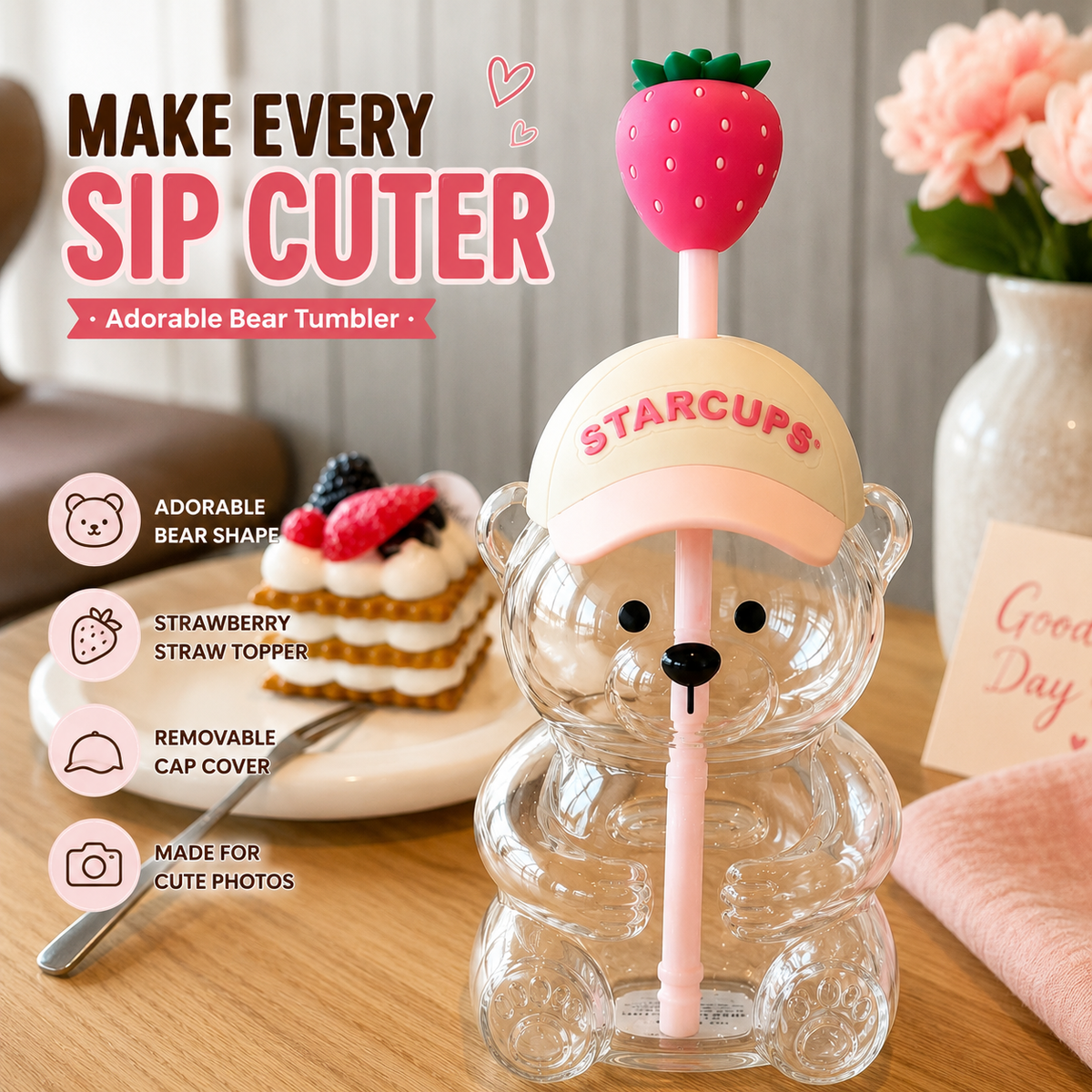 2026 Cute Bear 20oz Glass Tumbler, Bear Lid + Strawberry Straw, Reusable Cup for Iced Coffee, Boba, Cold Drinks, Dishwasher Safe