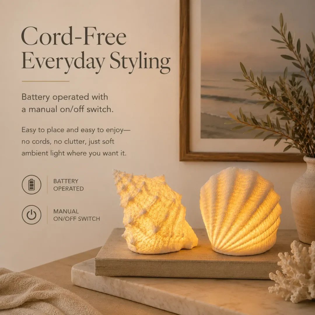 🐚 Cordless Shell & Conch Ambient Light Set – Coastal Glow Decor
