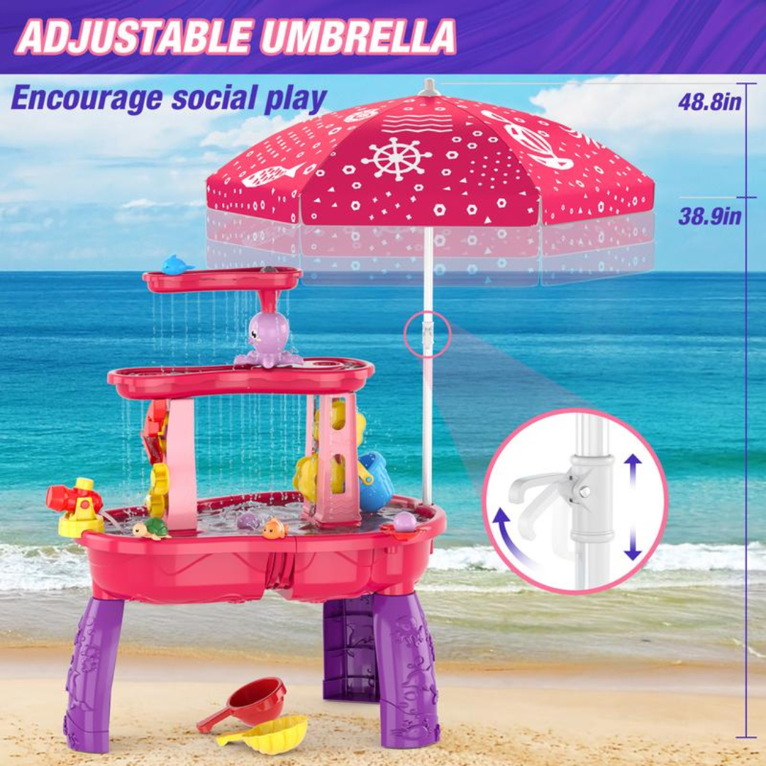 Adjustable umbrella on kids water activity table