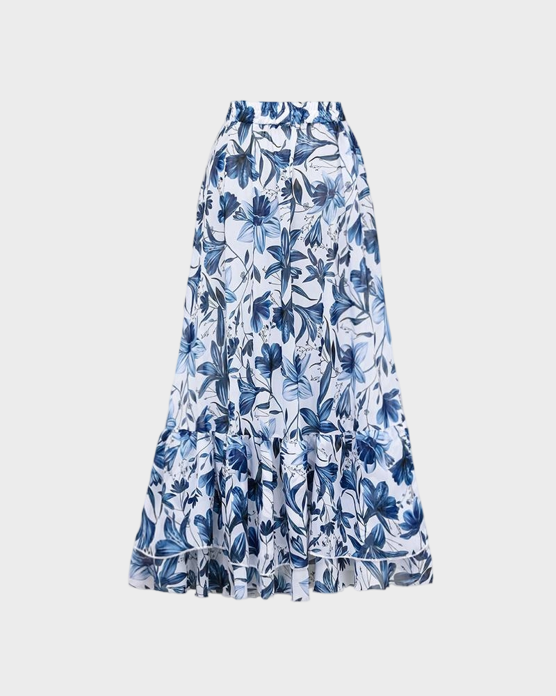 Blue Print Swimsuit Set with Cover Skirt V Neck Swimsuit Dress2