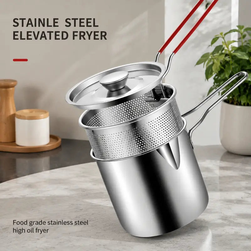 Mini Stainless Steel Deep Fryer Pot Set with Removable Draining Basket & Food Tongs